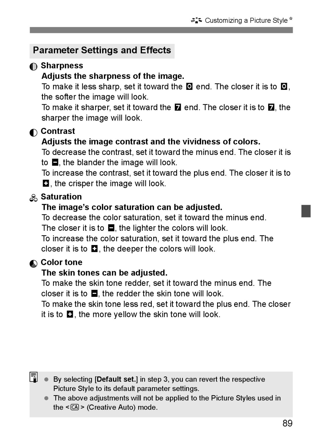 Cannon 500D instruction manual Parameter Settings and Effects, Sharpness Adjusts the sharpness of the image 