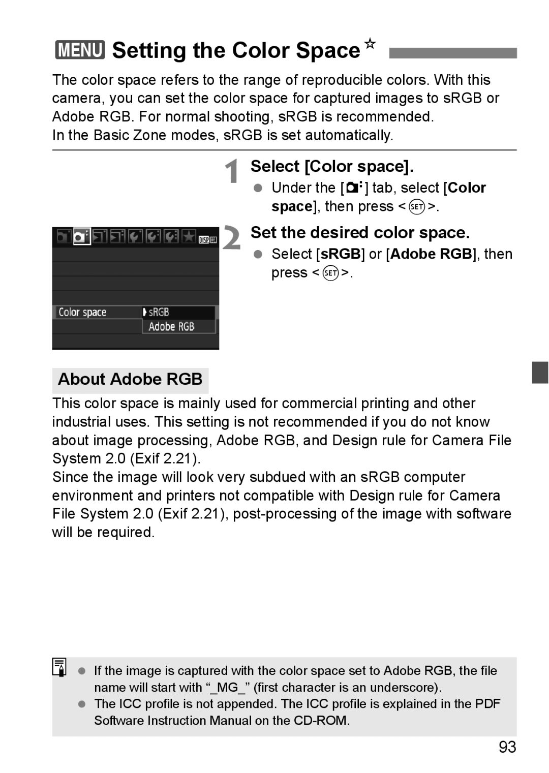 Cannon 500D instruction manual 3Setting the Color SpaceN, Select Color space, About Adobe RGB 