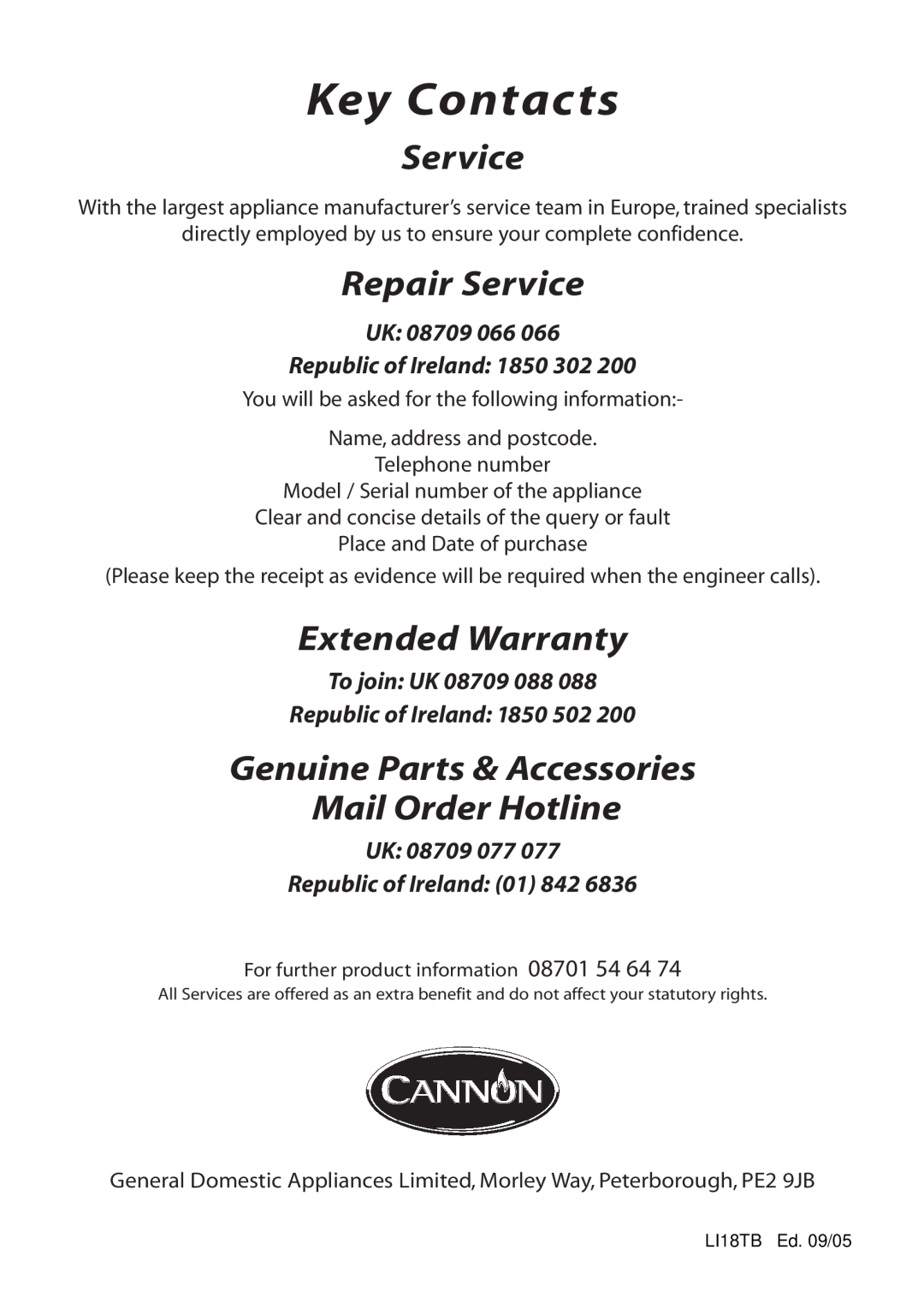 Cannon BHC60K manual Key Contacts, Repair Service, Extended Warranty, Genuine Parts & Accessories Mail Order Hotline 