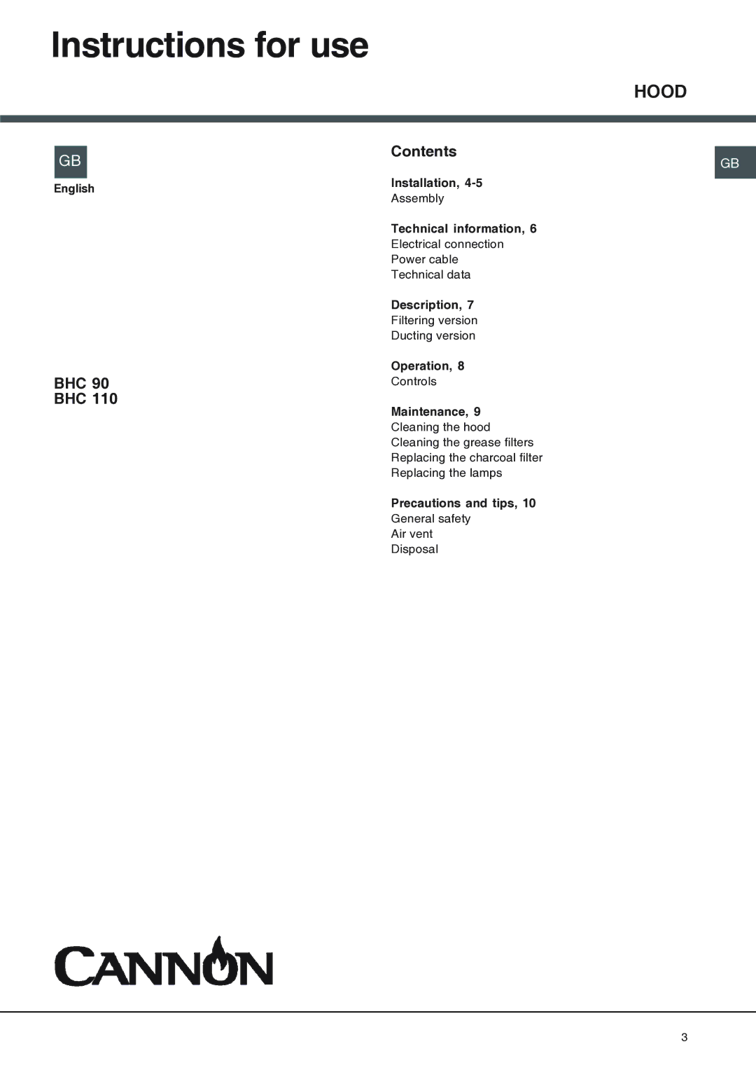 Cannon BHC110, BHC90 manual Instructions for use, BHC 90 BHC Contents 