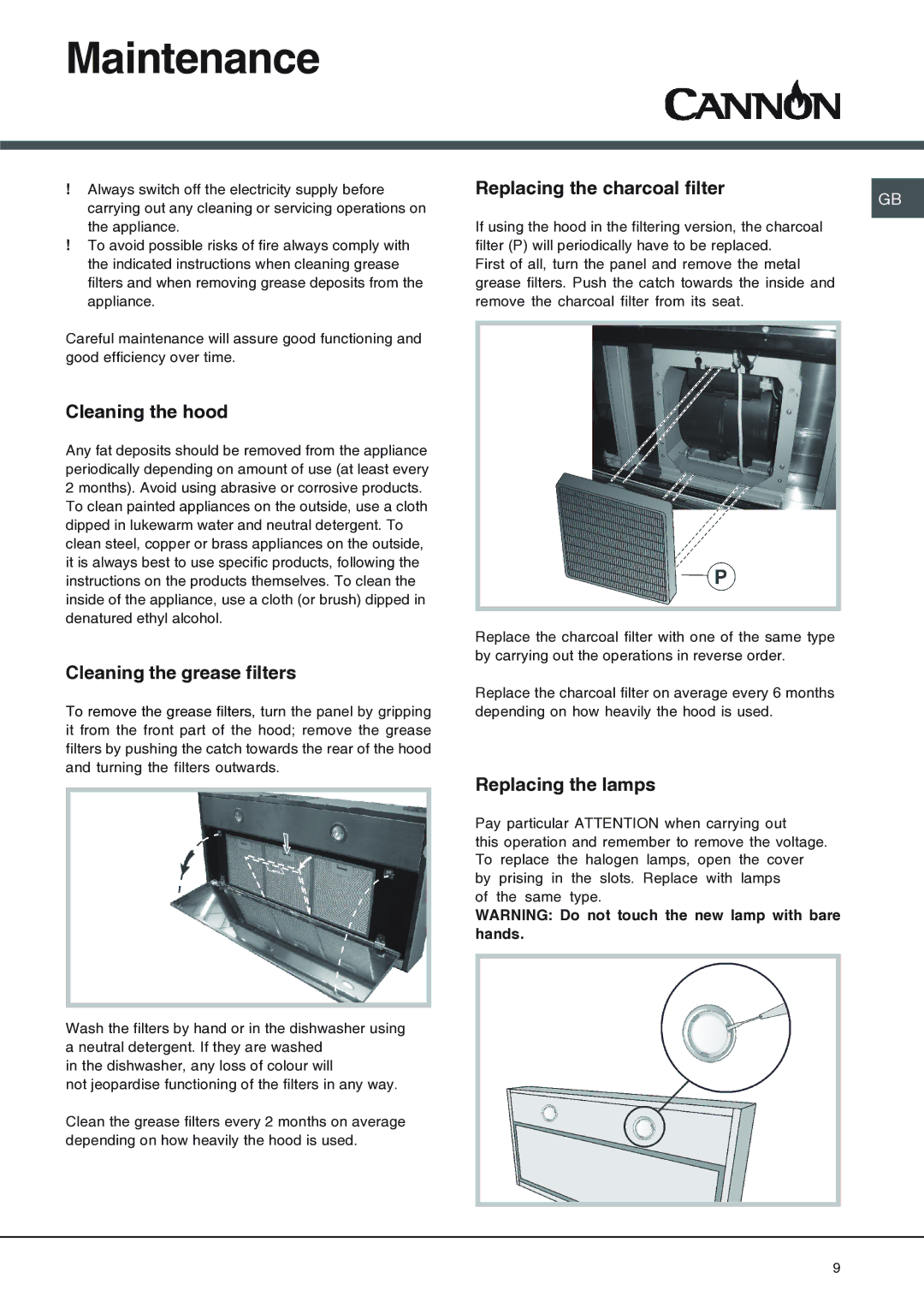 Cannon BHC110, BHC90 manual Maintenance, Cleaning the hood, Cleaning the grease filters, Replacing the lamps 