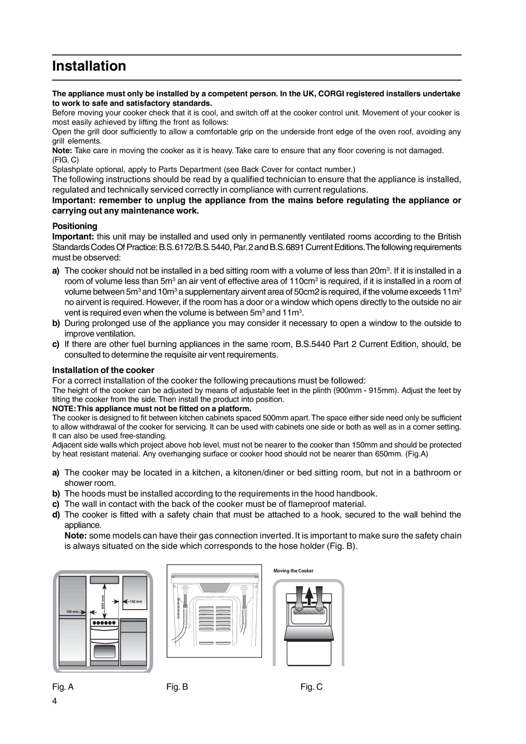 Cannon C110DPX manual Installation of the cooker 