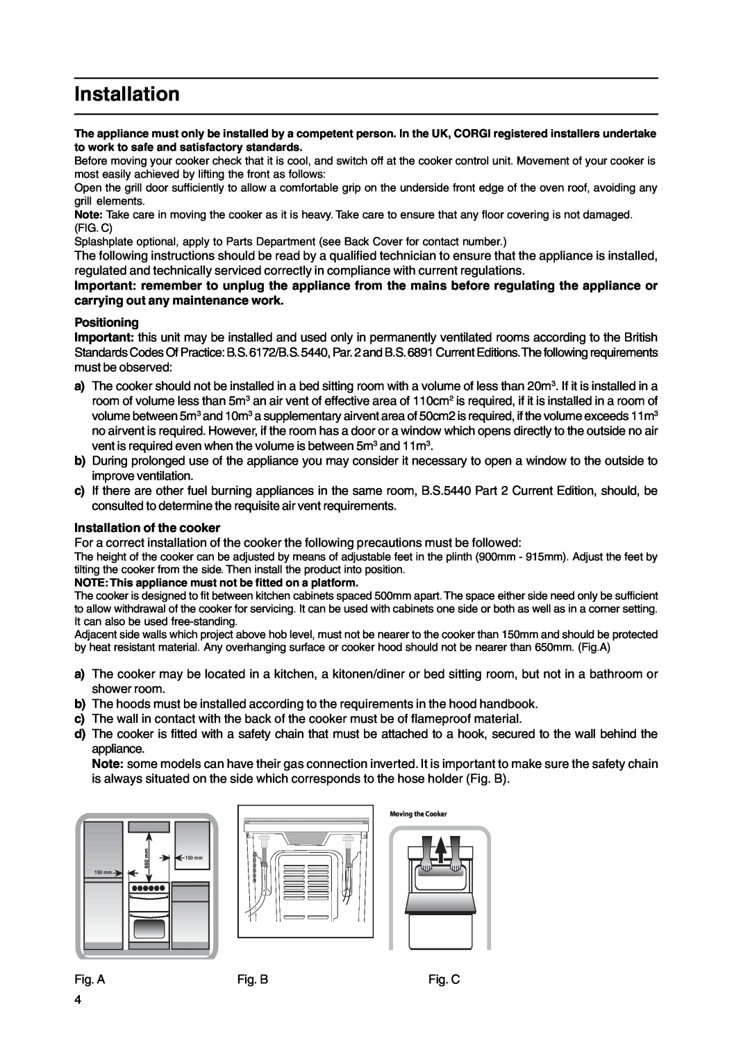 Cannon C110DPX manual Positioning, Installation of the cooker 