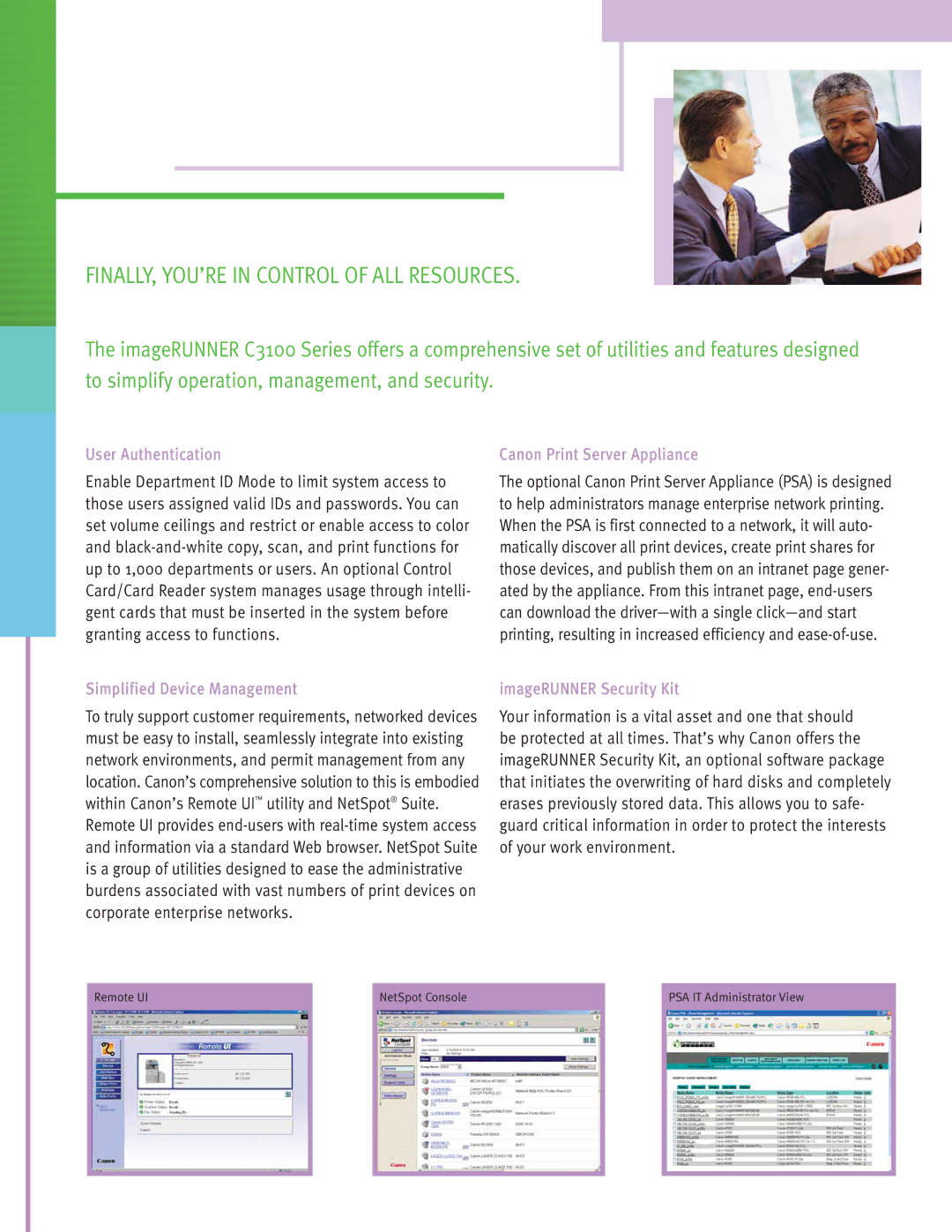 Cannon C3100 manual FINALLY, YOU’RE in Control of ALL Resources, User Authentication, Simplified Device Management 