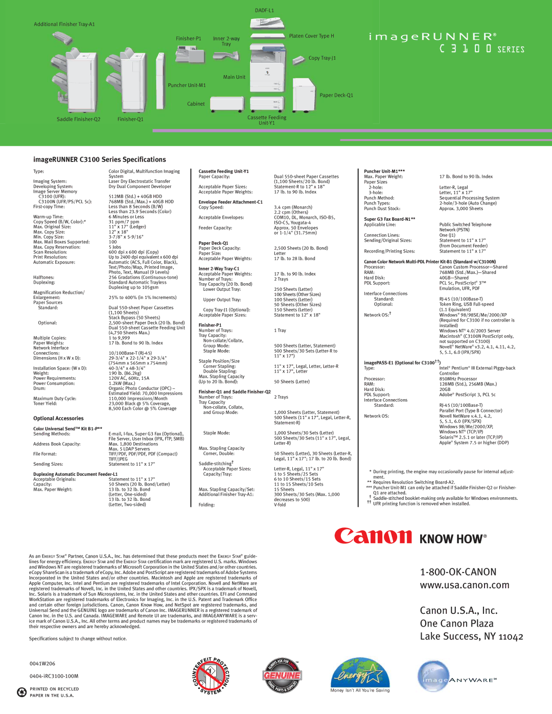 Cannon C3100 manual Canon U.S.A., Inc One Canon Plaza Lake Success, NY 