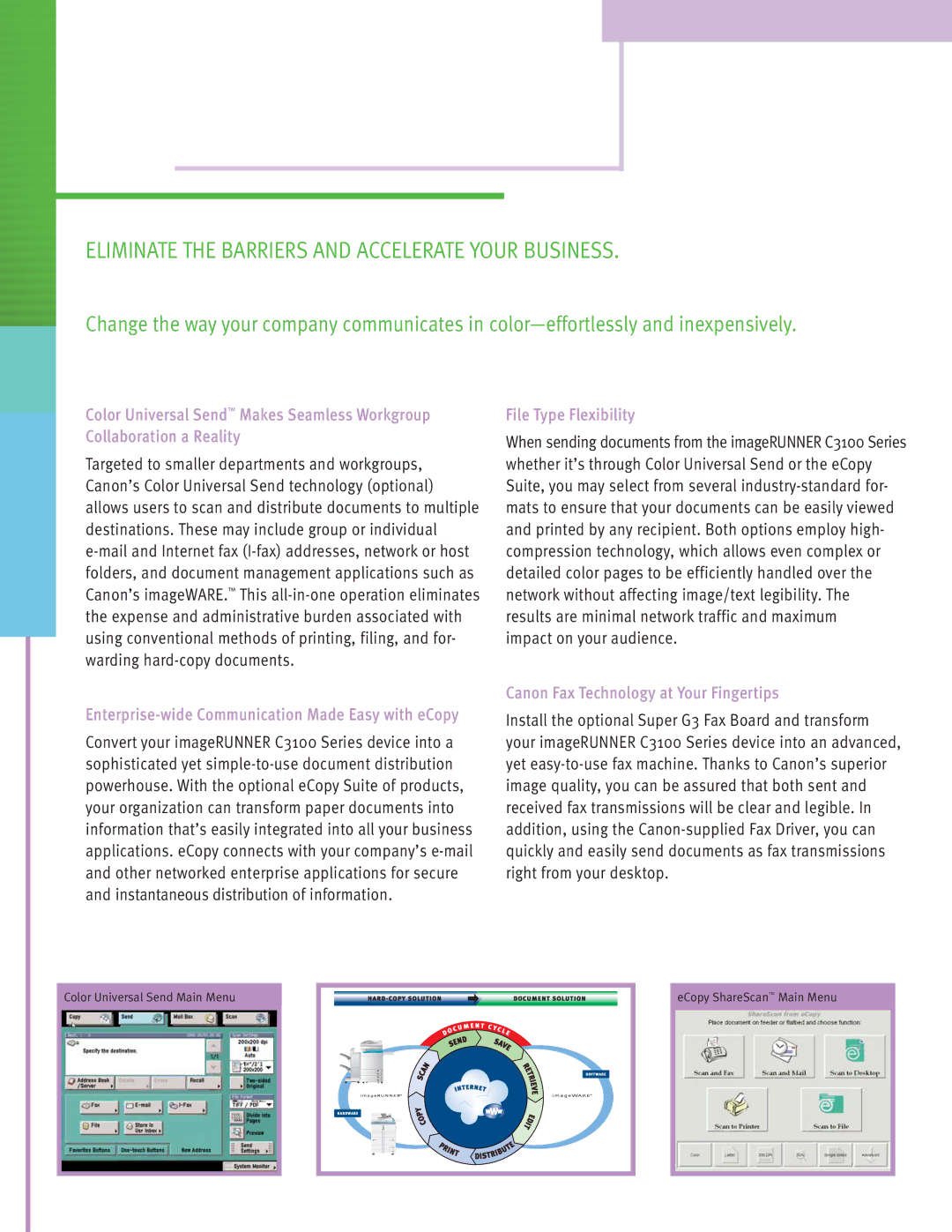 Cannon C3100 manual Eliminate the Barriers and Accelerate Your Business, Enterprise-wide Communication Made Easy with eCopy 