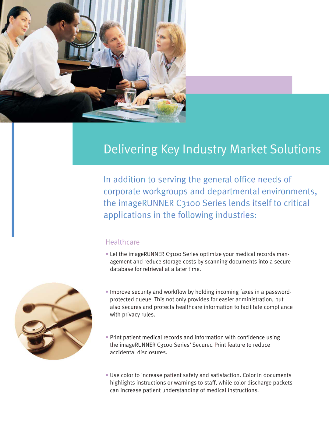 Cannon C3100 manual Delivering Key Industry Market Solutions, Healthcare 