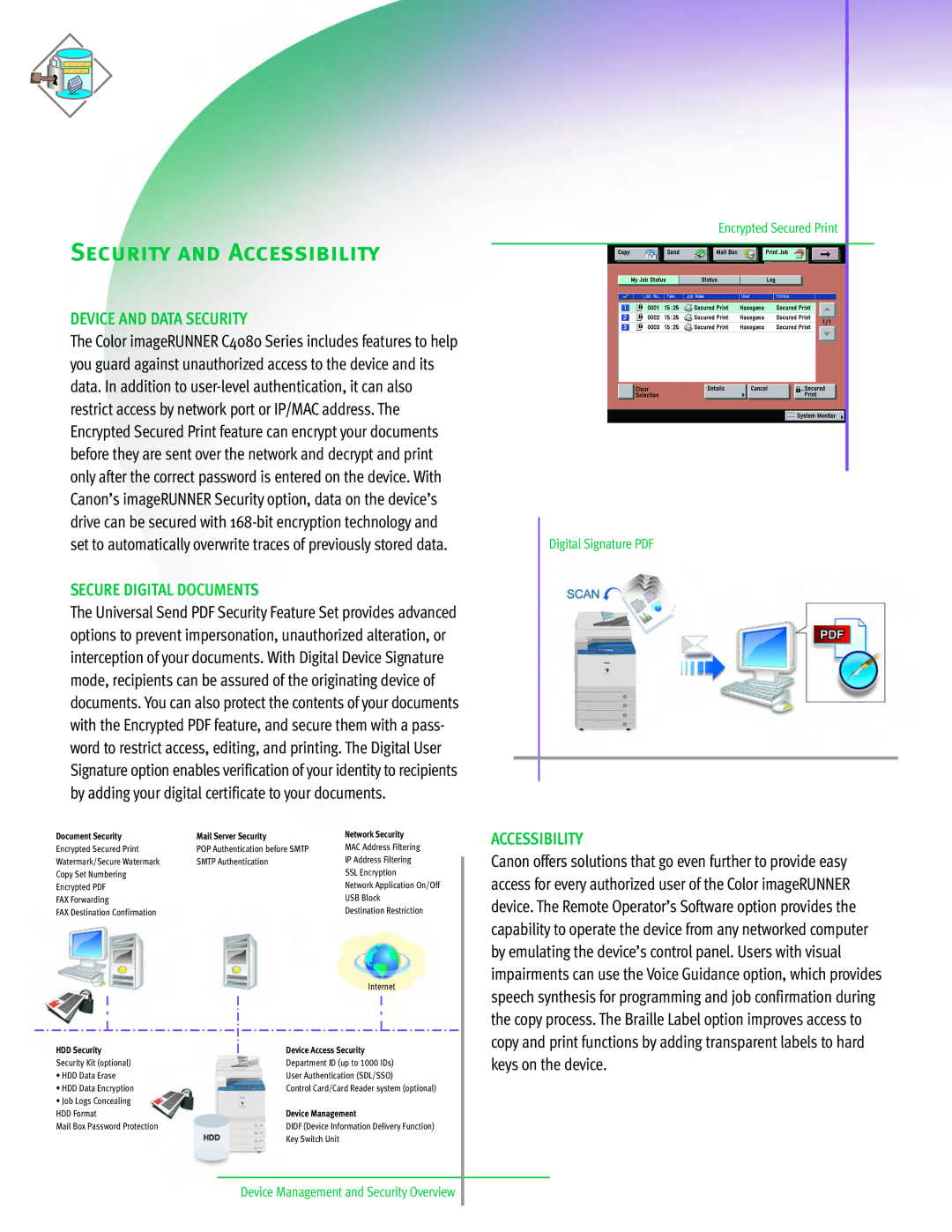 Cannon C4080 SERIES manual Security and Accessibility, Device and Data Security, Secure Digital Documents 