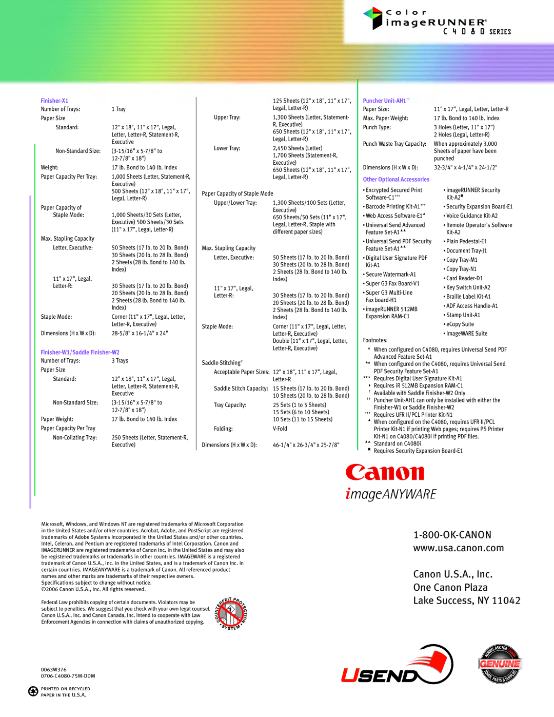 Cannon C4080 SERIES manual Canon U.S.A., Inc One Canon Plaza Lake Success, NY 