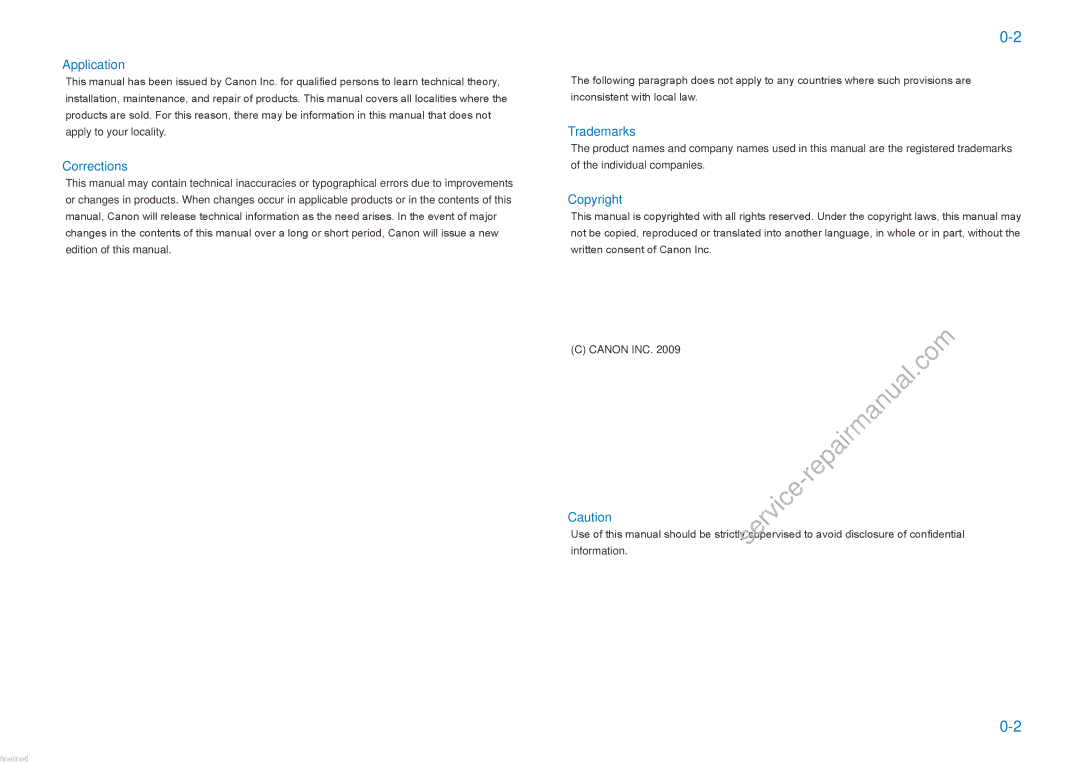 Cannon C5051 service manual Application, Corrections, Trademarks, Copyright 