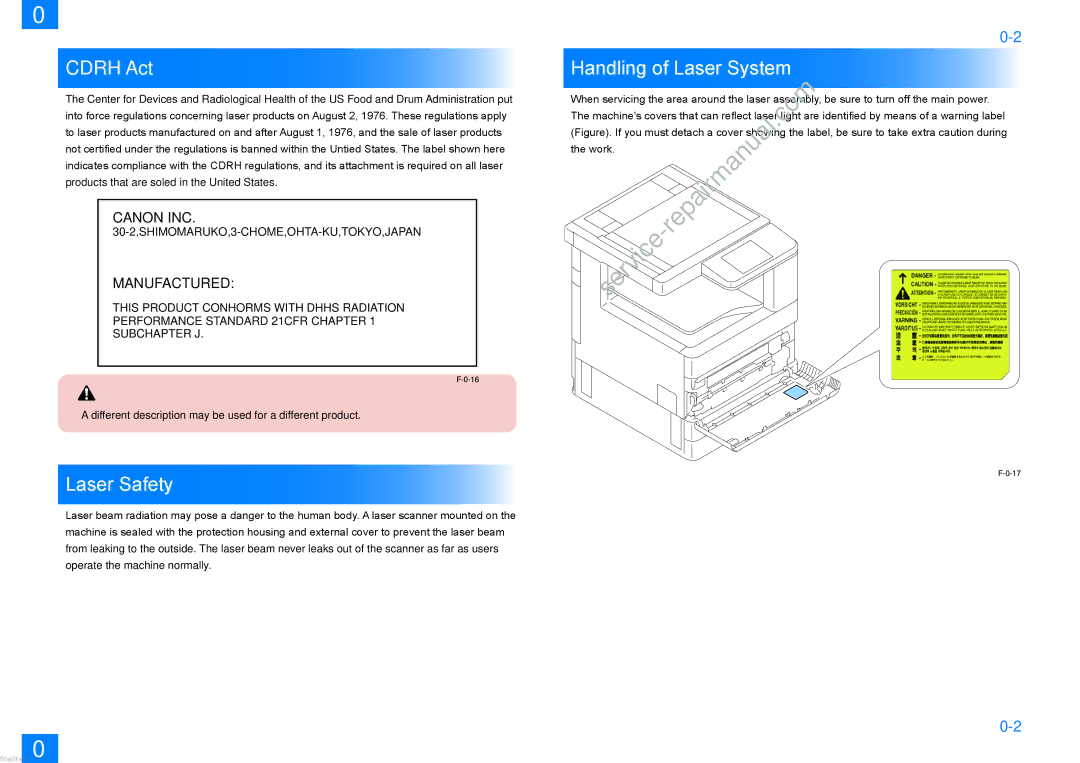 Cannon C5051 service manual Cdrh Act, Laser Safety, Handling of Laser System 