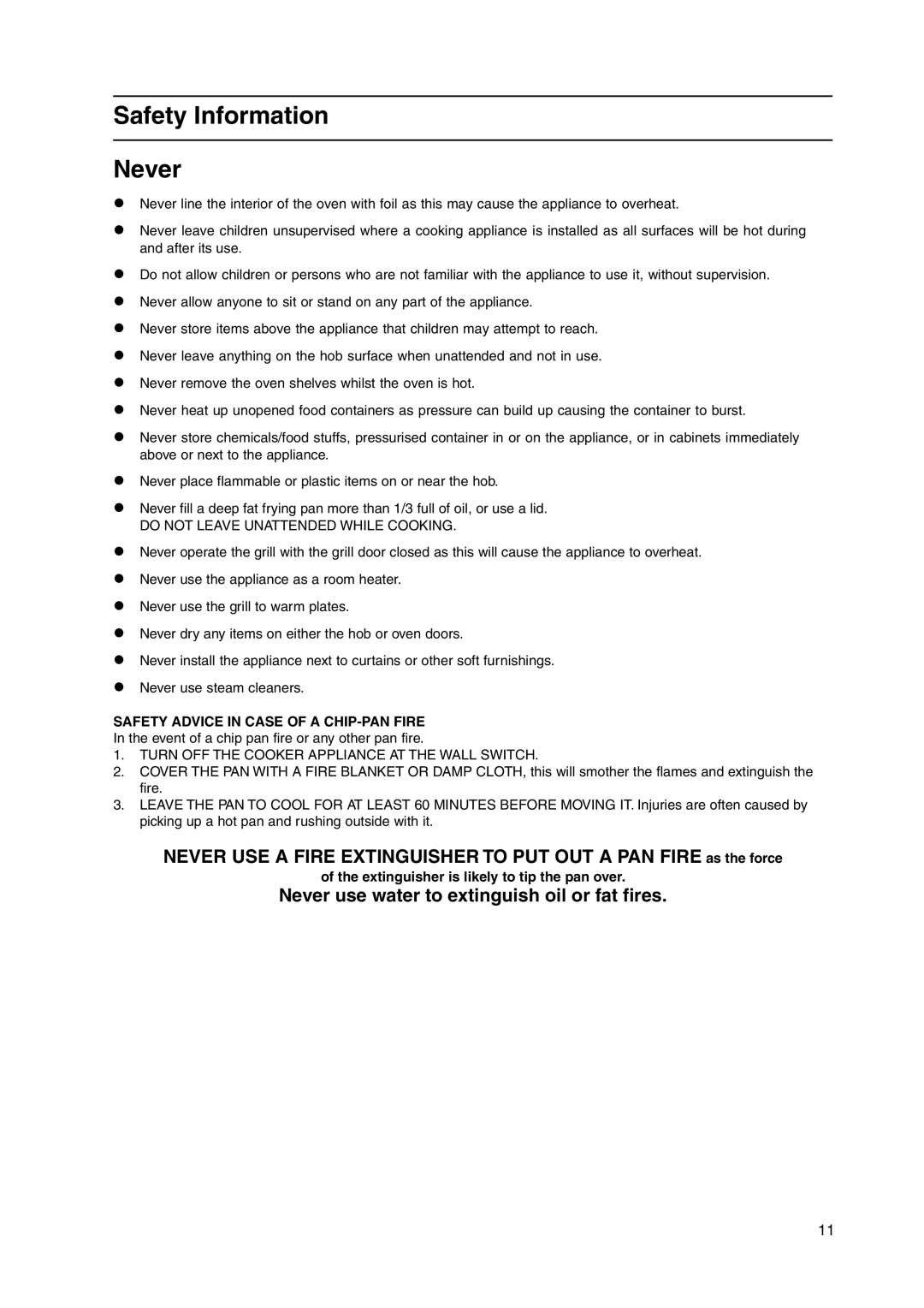 Cannon C50GCW, C50GCK, C50GCS, C50GCIS, C50GCX, C50LCIS Safety Information Never, Safety Advice in Case of a CHIP-PAN Fire 