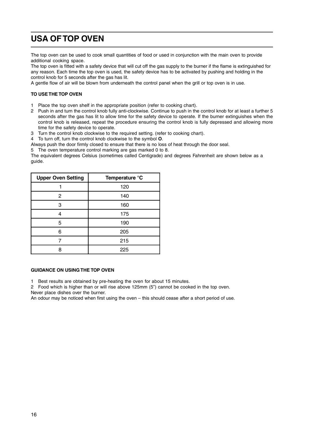 Cannon C50LCIS, C50GCK, C50GCS, C50GCX Upper Oven Setting Temperature C, To USE the TOP Oven, Guidance on Using the TOP Oven 