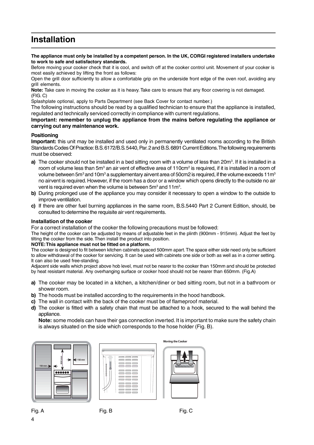 Cannon C50LCIS, C50GCK, C50GCS, C50GCIS, C50GCX, C50GCW manual Installation of the cooker 