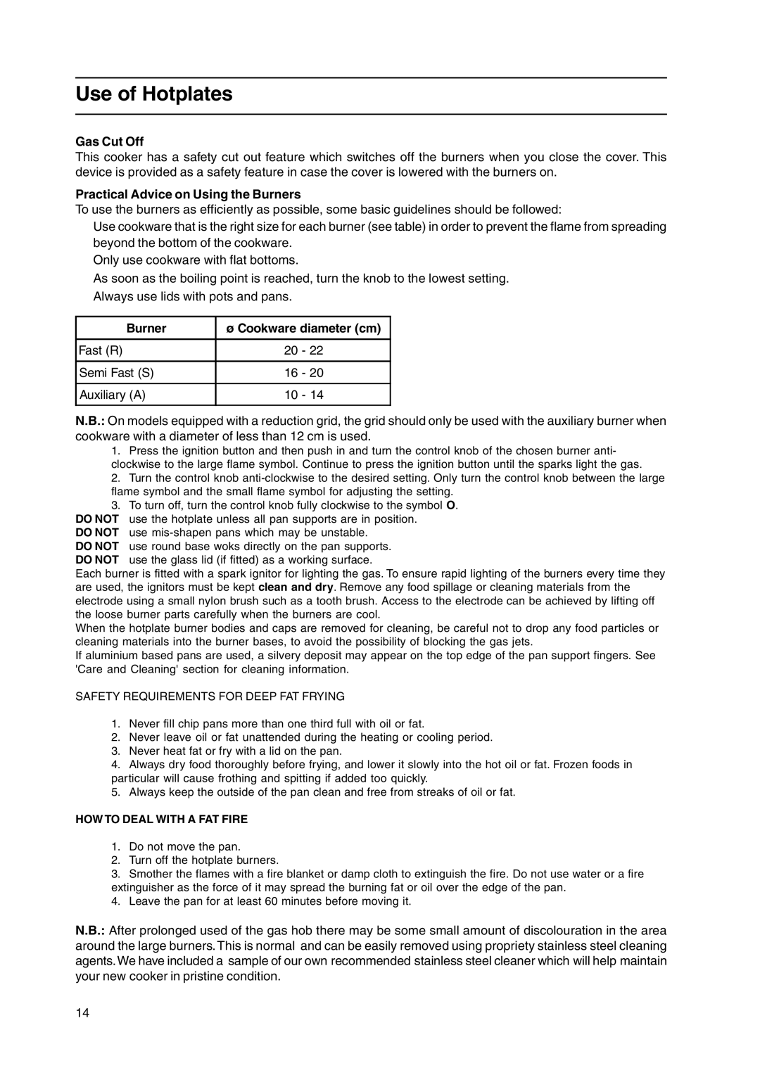Cannon C50GKB, C50GKW Use of Hotplates, Gas Cut Off, Practical Advice on Using the Burners, Burner Cookware diameter cm 