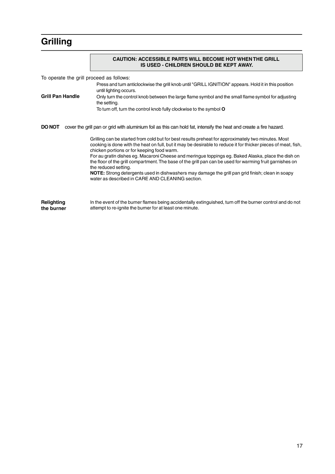 Cannon C50HNW, C50HNB manual Grilling, Is Used Children should be Kept Away, Relighting, Burner 