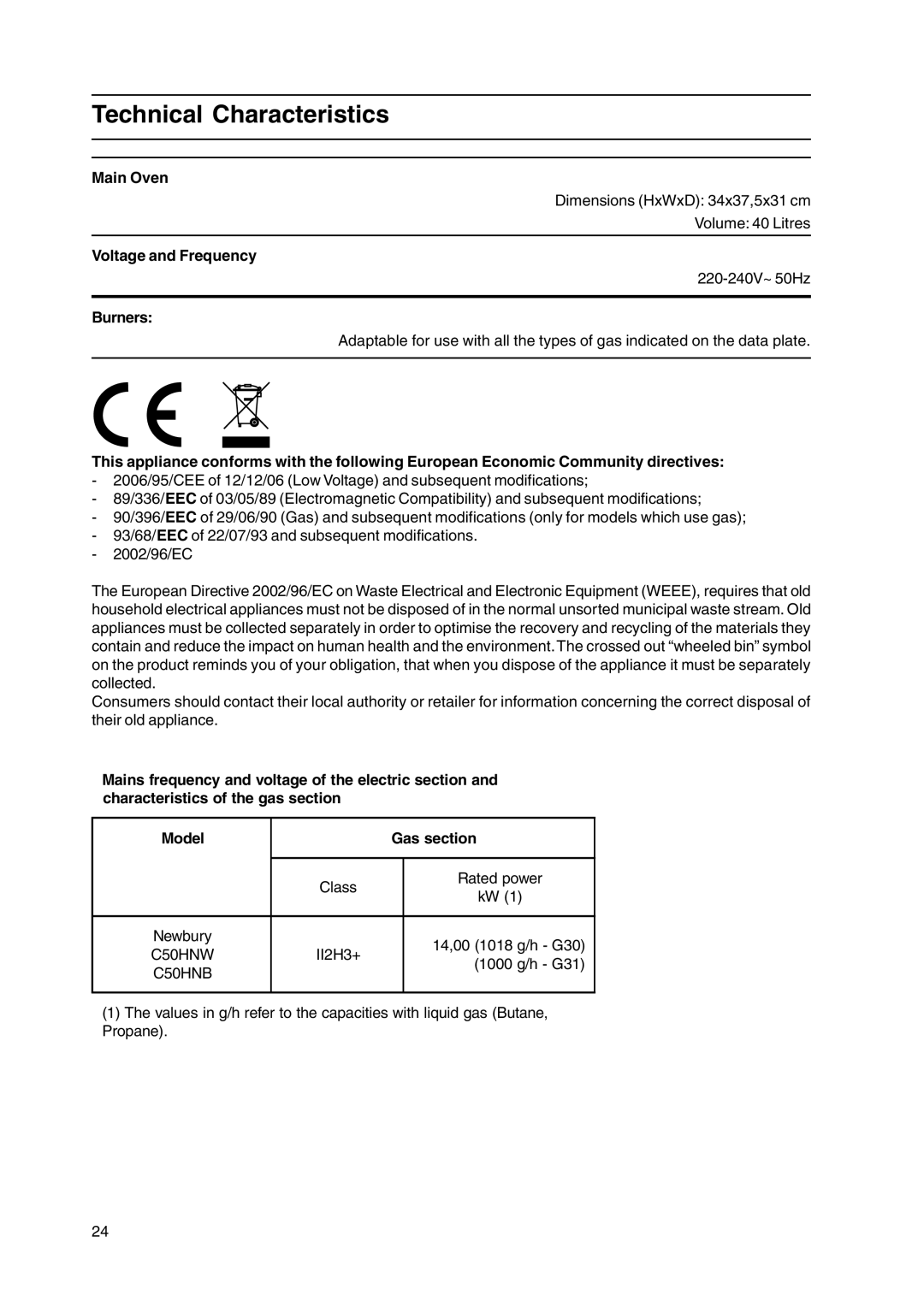 Cannon C50HNB, C50HNW manual Technical Characteristics, Main Oven, Voltage and Frequency, Burners 