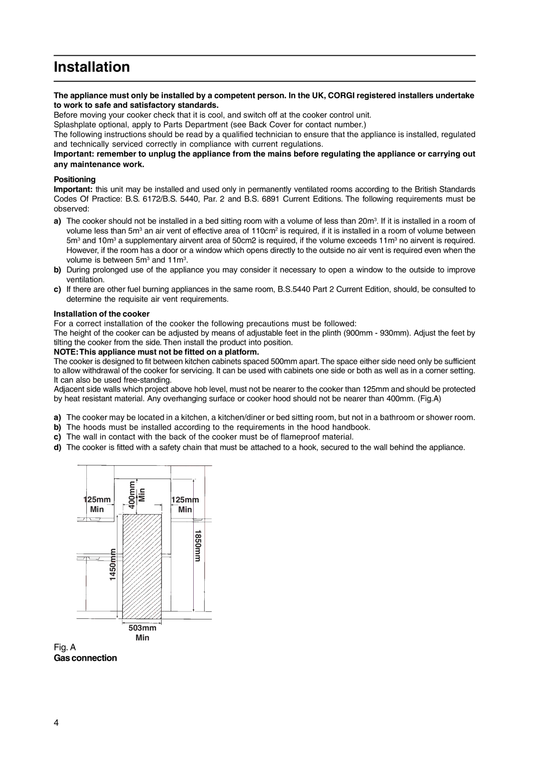 Cannon C50HNB, C50HNW manual Gas connection, Installation of the cooker 