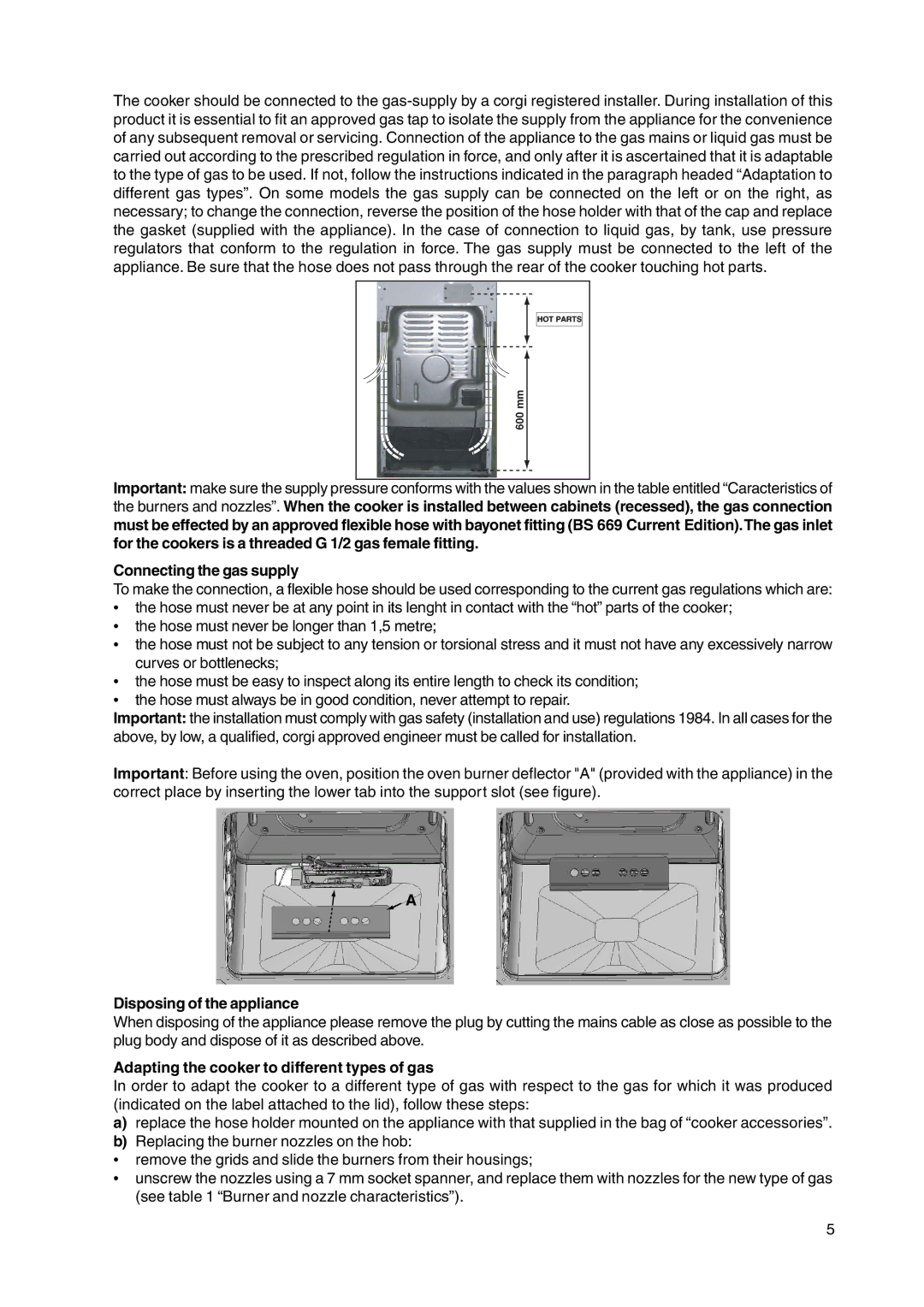 Cannon C50HNW, C50HNB Connecting the gas supply, Disposing of the appliance, Adapting the cooker to different types of gas 