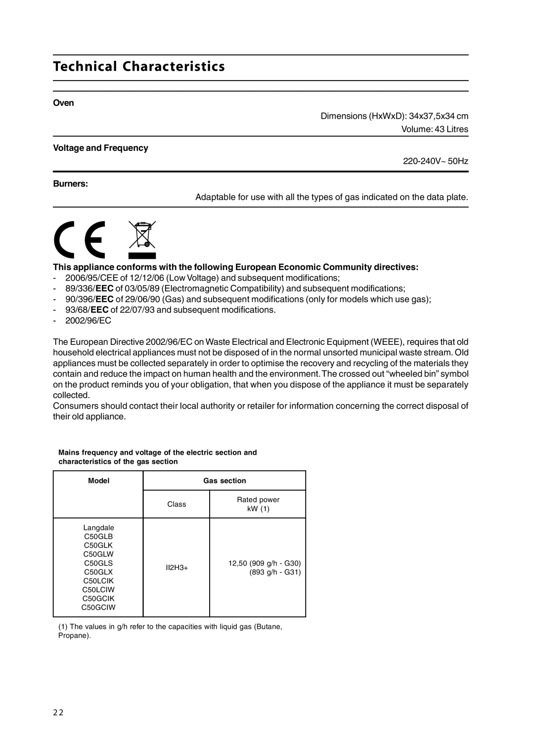 Cannon C50GLX, C50LCIW, C50GLK, C50GLS, C50GLB, C50GCIW, C50GLW Technical Characteristics, Oven, Voltage and Frequency, Burners 