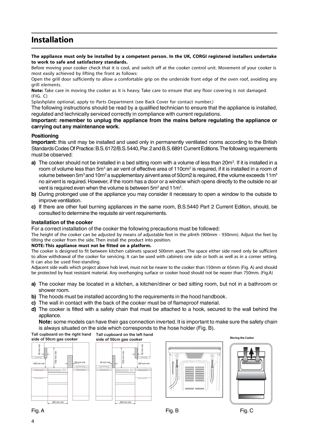 Cannon C50GLX, C50LCIW, C50GLK, C50GLS, C50GLB, C50GCIW, C50GCIK, C50GLW, C50LCIK manual Installation of the cooker 