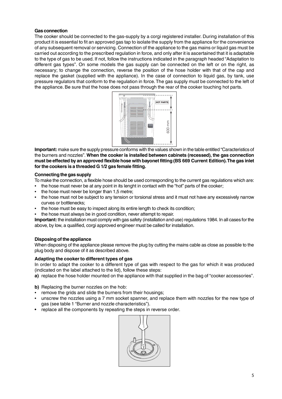 Cannon C50GCIW, C50LCIW, C50GLK, C50GLS, C50GLB, C50GLX Gas connection, Connecting the gas supply, Disposing of the appliance 