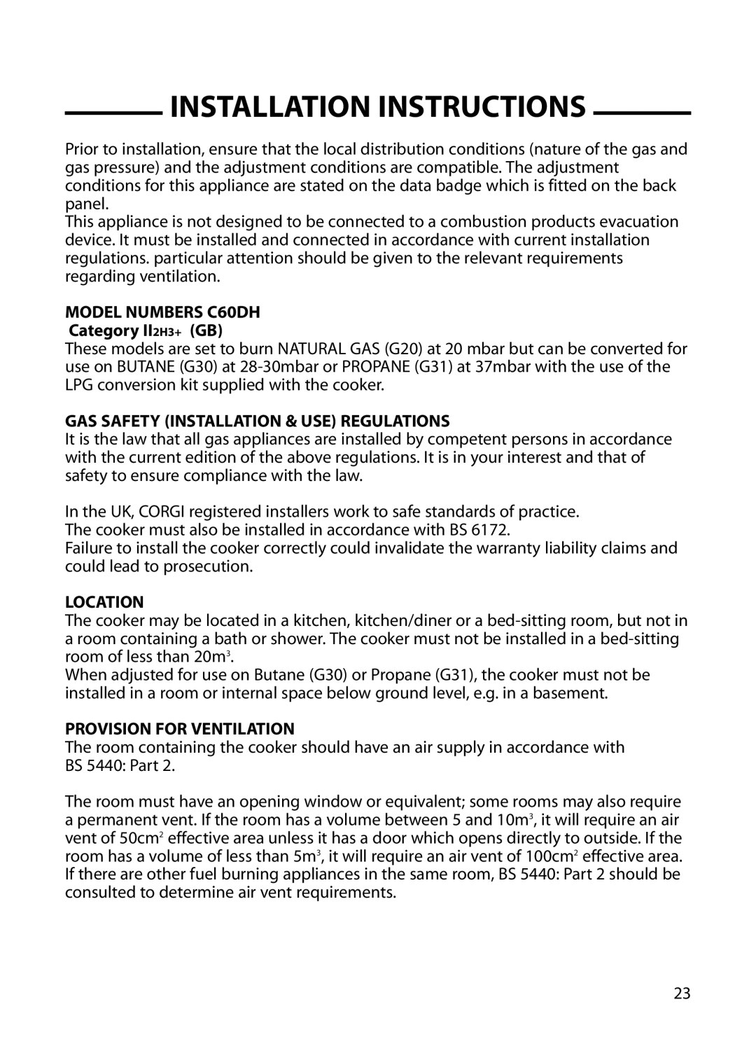 Cannon Installation Instructions, Model Numbers C60DH, GAS Safety Installation & USE Regulations, Location 