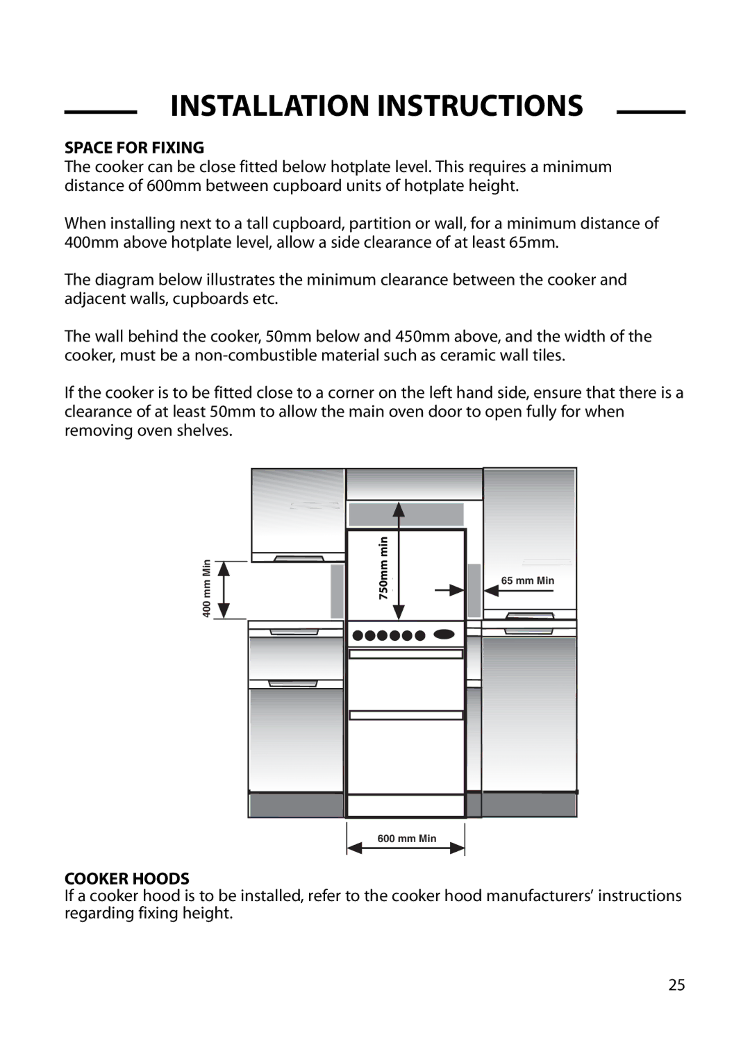 Cannon C60DH installation instructions Space for Fixing, Cooker Hoods 