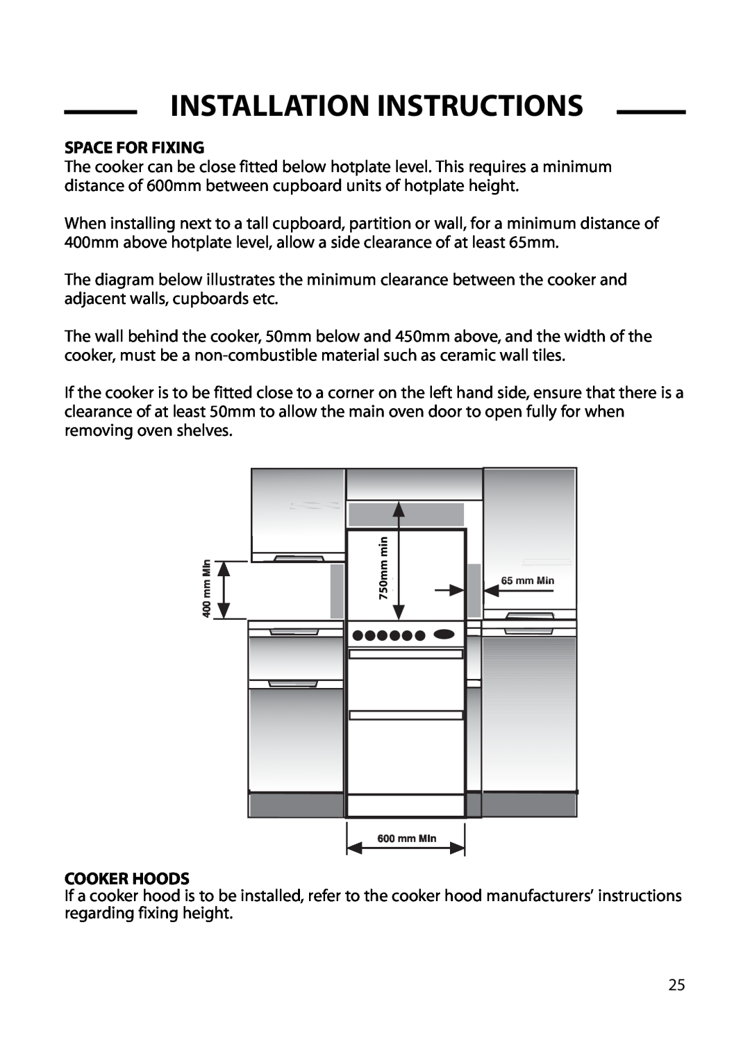Cannon C60DH installation instructions Space For Fixing, Cooker Hoods, Installation Instructions, 750mm 