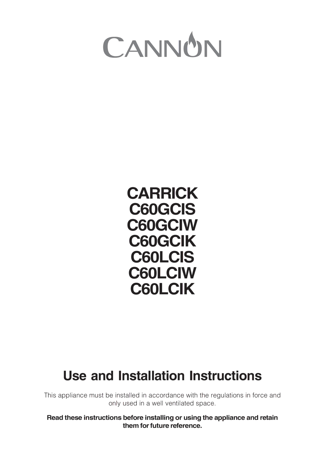 Cannon installation instructions Carrick C60GCIS C60GCIW C60GCIK C60LCIS C60LCIW C60LCIK 