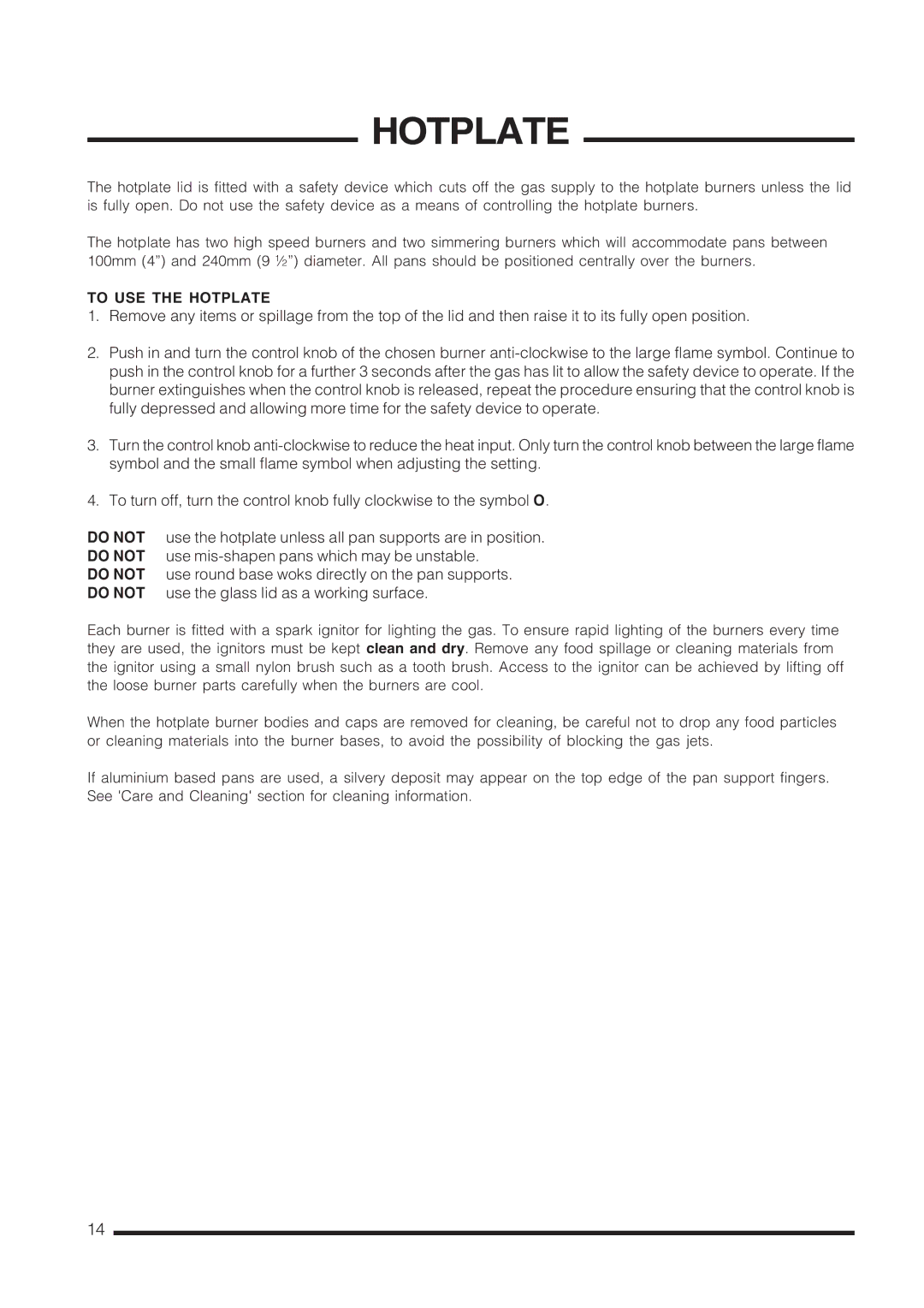 Cannon C60GCIS installation instructions To USE the Hotplate, Do not do not do not do not 