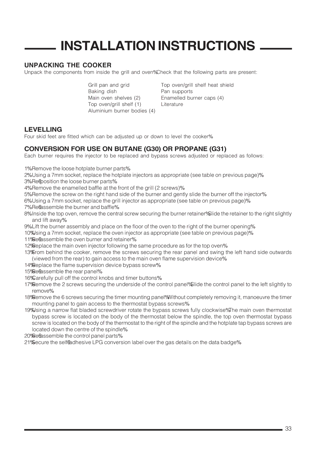 Cannon C60GCIS installation instructions Unpacking the Cooker, Levelling, Conversion for USE on Butane G30 or Propane G31 