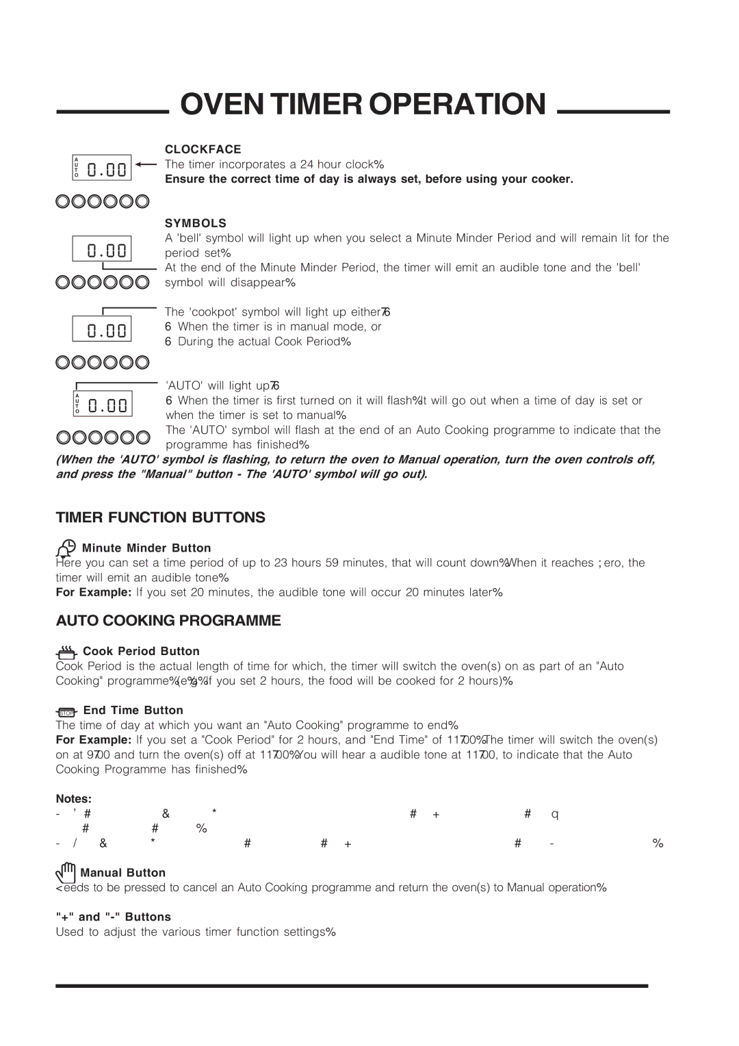 Cannon C60GCIS Oven Timer Operation, Timer Function Buttons, Auto Cooking Programme, Clockface, Symbols 