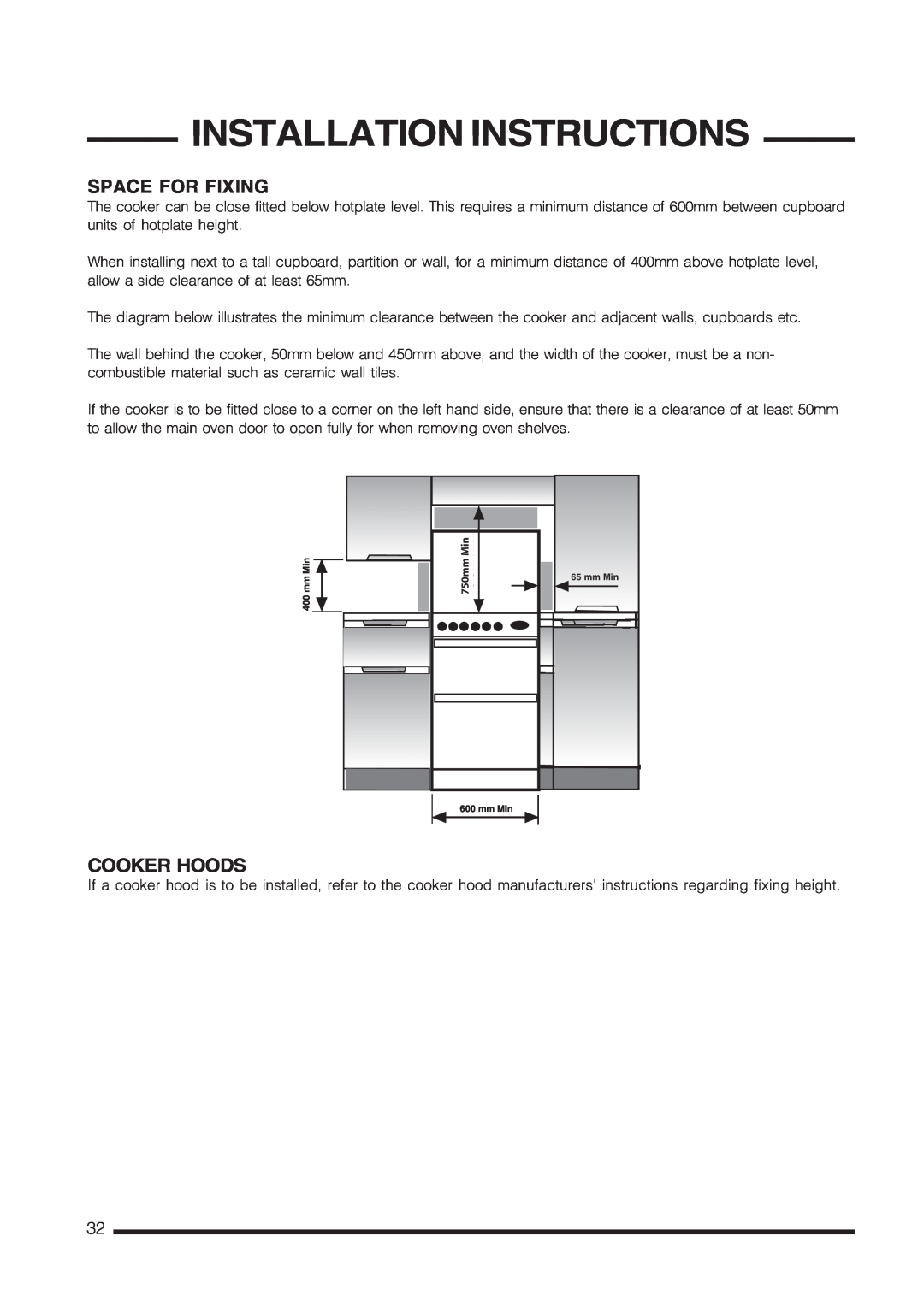 Cannon C60GCIS installation instructions Space For Fixing, Cooker Hoods, Installation Instructions 