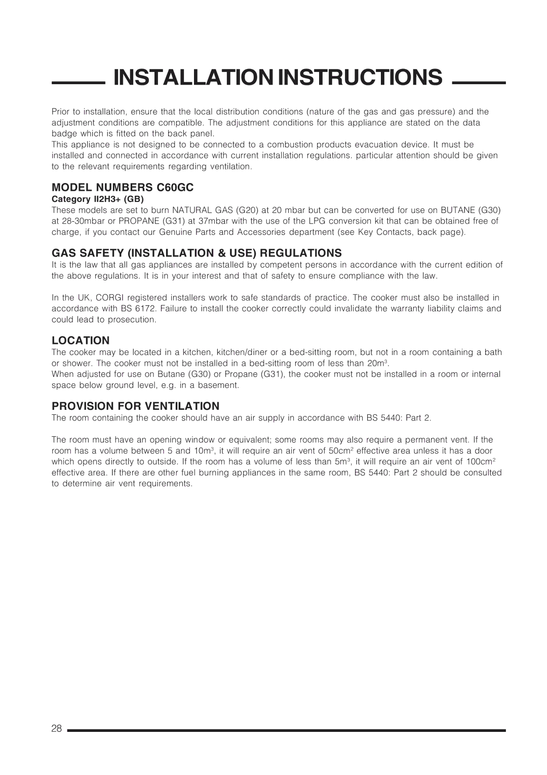 Cannon C60GCW, C60GCS Installation Instructions, Model Numbers C60GC, GAS Safety Installation & USE Regulations, Location 