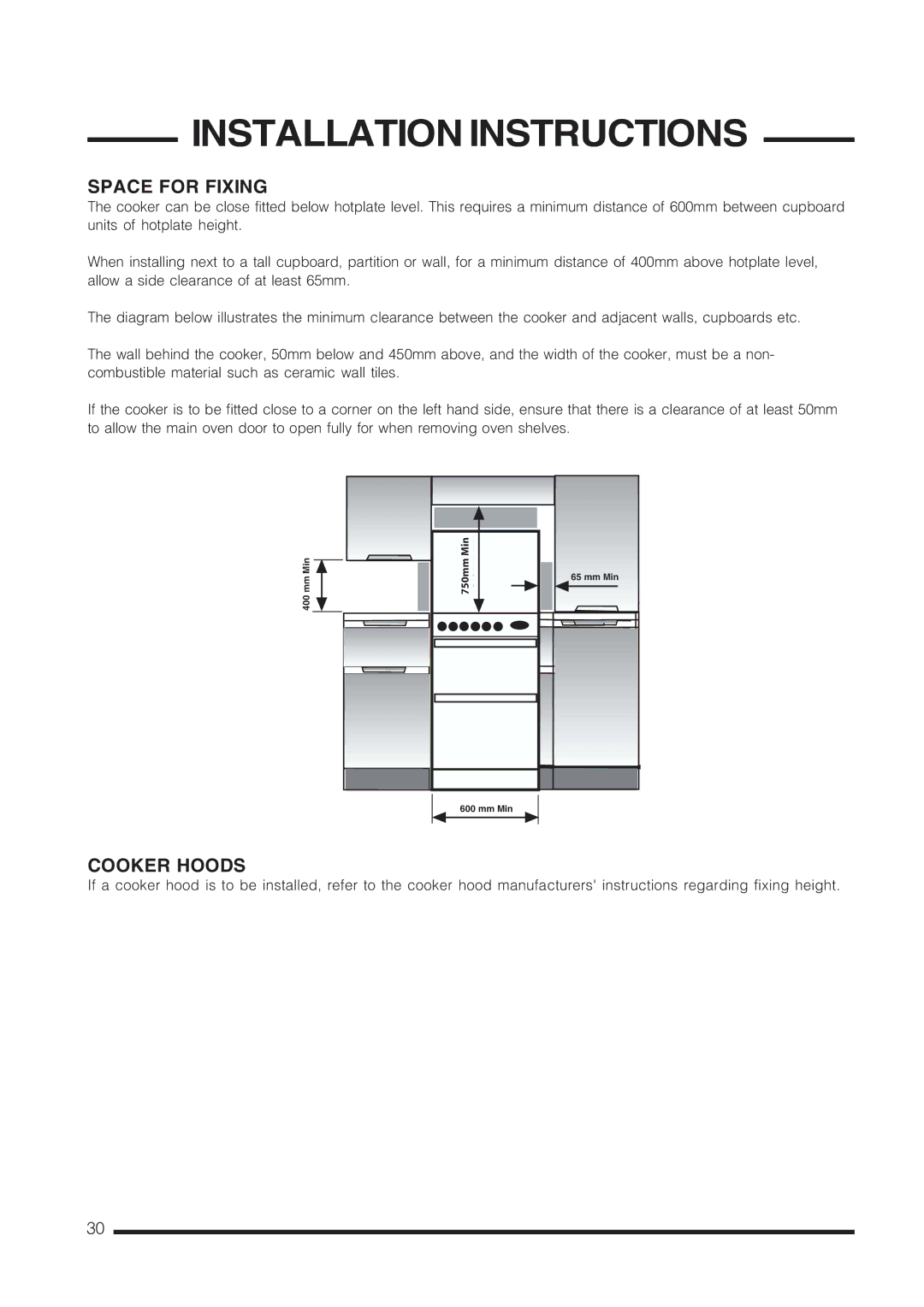 Cannon C60GCK, C60GCW, C60GCS, C60GCB installation instructions Space for Fixing, Cooker Hoods 