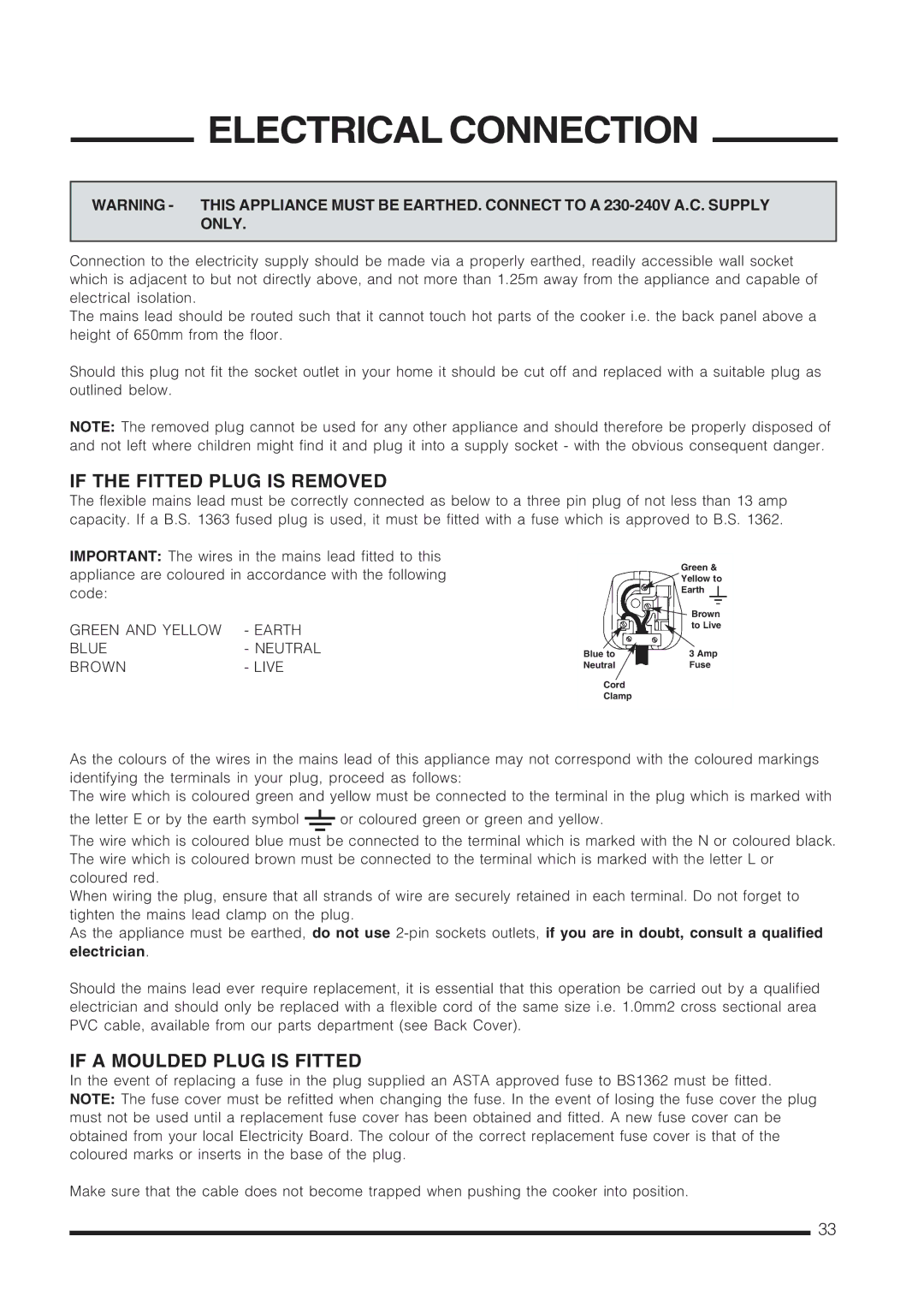 Cannon C60GCS, C60GCW, C60GCK, C60GCB Electrical Connection, If the Fitted Plug is Removed, If a Moulded Plug is Fitted 