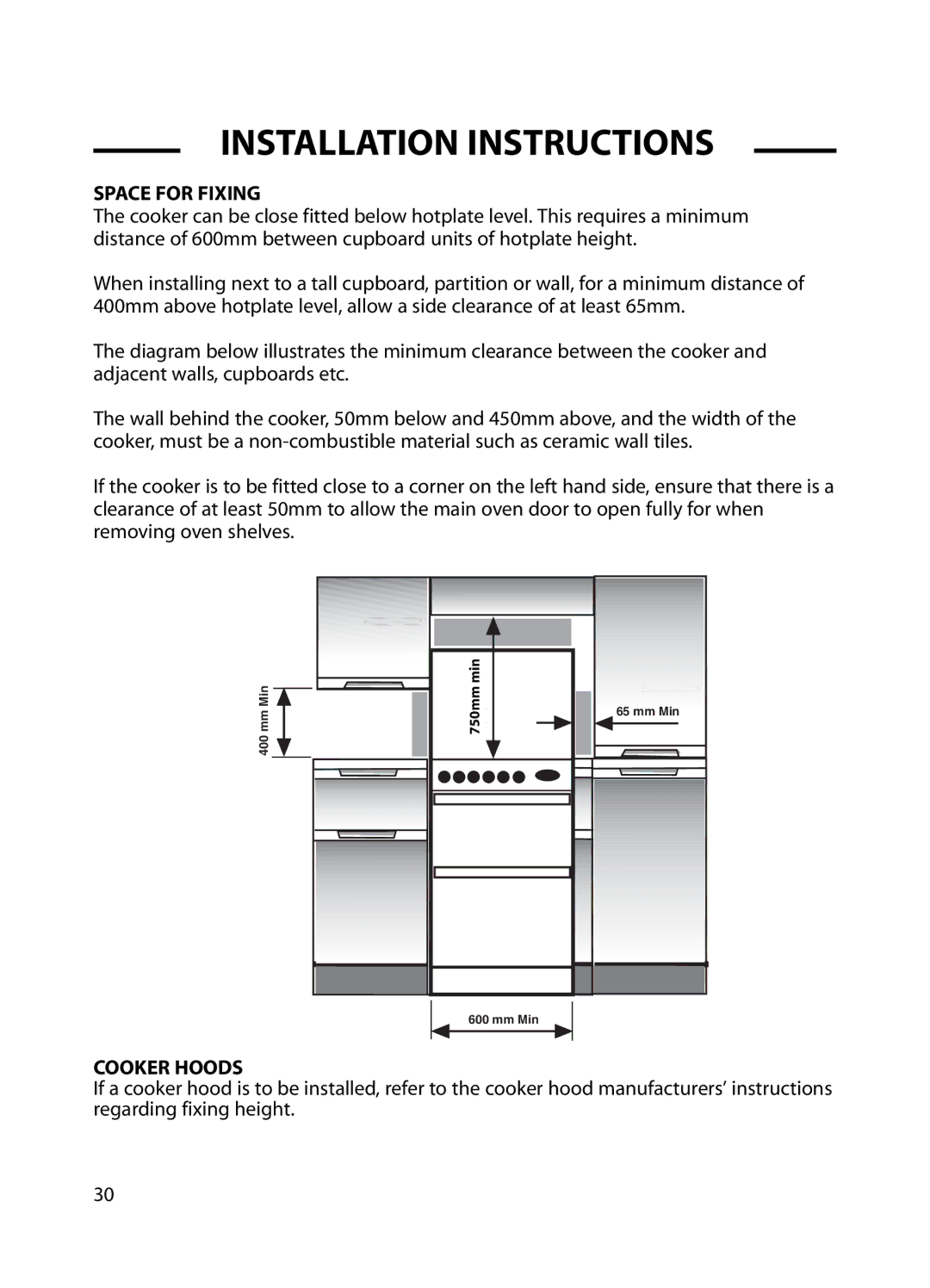 Cannon C60GP installation instructions Space for Fixing, Cooker Hoods 