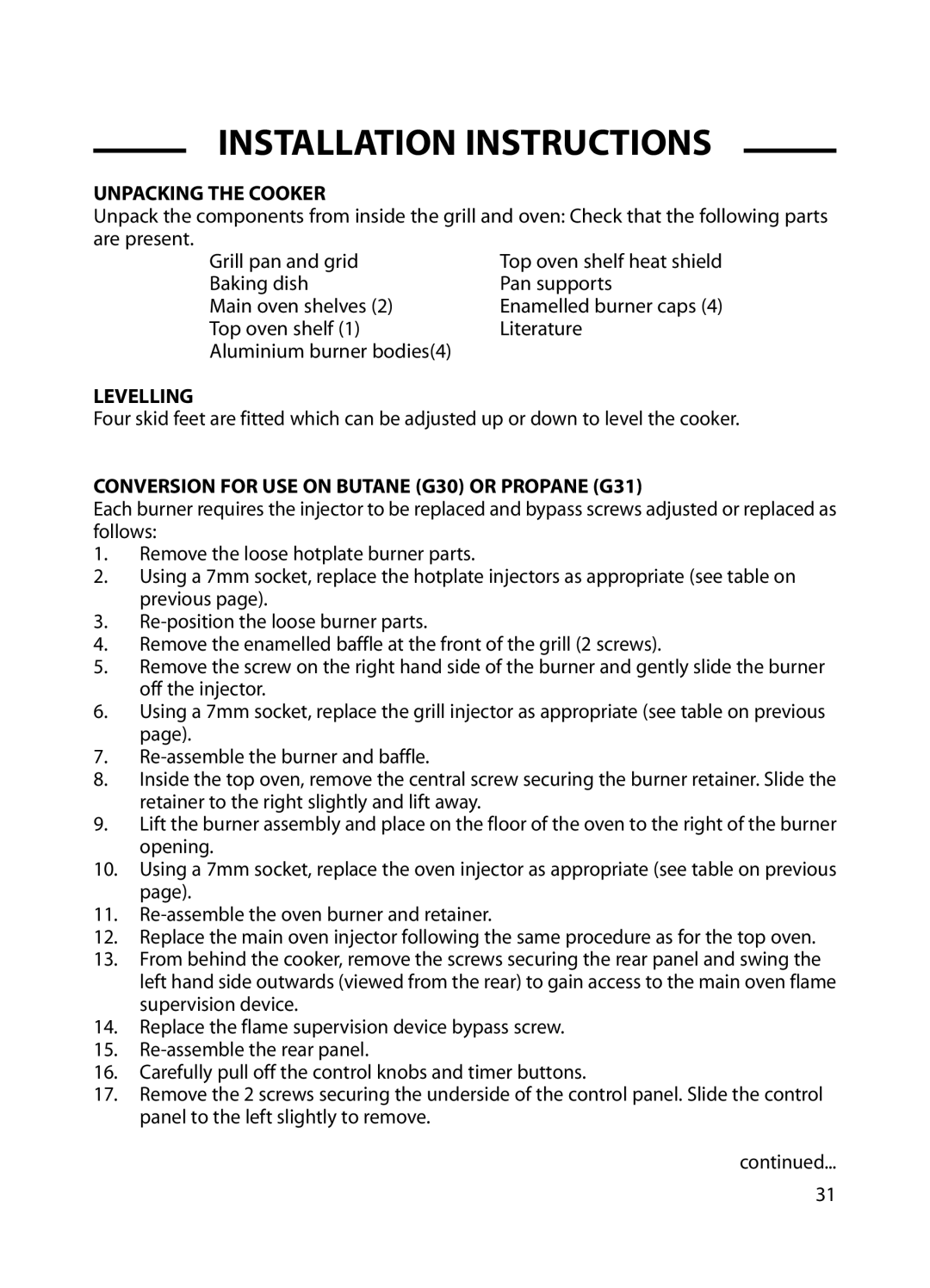 Cannon C60GP installation instructions Unpacking the Cooker, Levelling, Conversion for USE on Butane G30 or Propane G31 