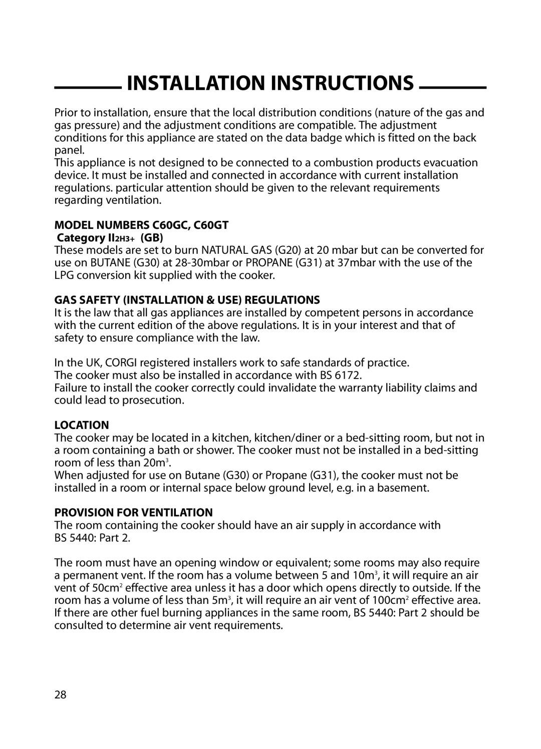 Cannon Installation Instructions, Model Numbers C60GC, C60GT, GAS Safety Installation & USE Regulations, Location 