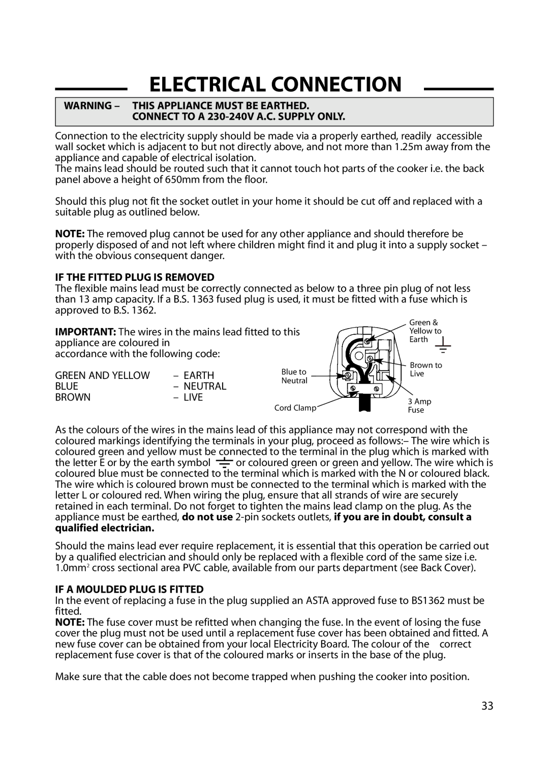 Cannon C60GC, C60GT installation instructions Electrical Connection, Connect to a 230-240V A.C. Supply only 