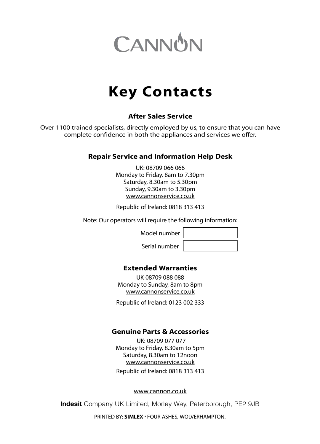 Cannon C60GT, C60GC installation instructions Key Contacts 