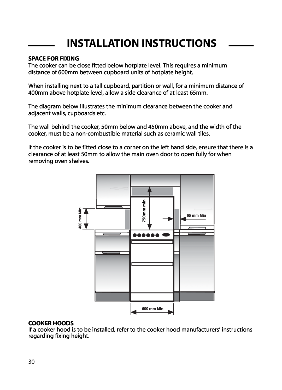 Cannon C60GT, C60GC installation instructions Space For Fixing, Cooker Hoods, Installation Instructions, 750mm 