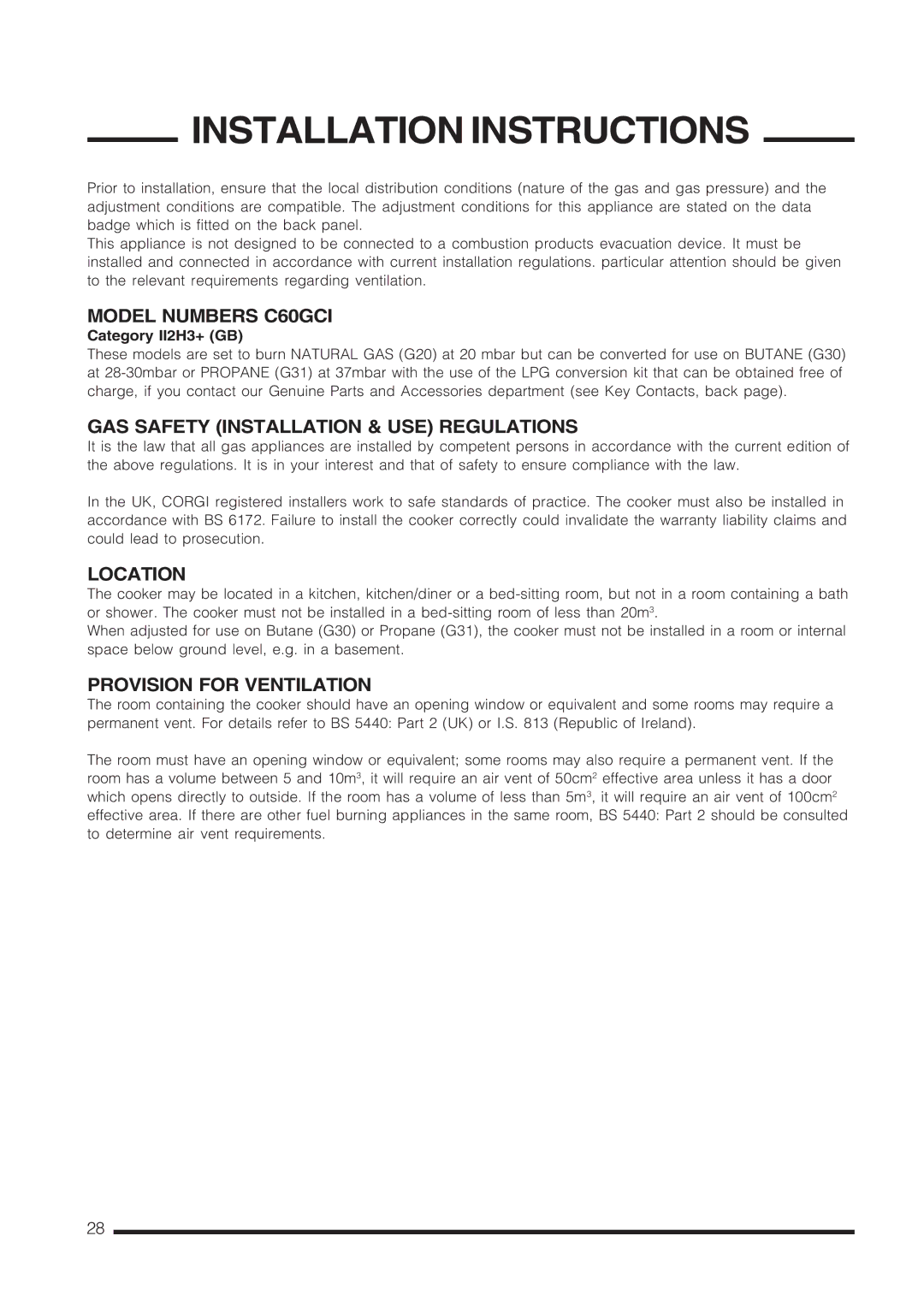 Cannon C60LCIW Installation Instructions, Model Numbers C60GCI, GAS Safety Installation & USE Regulations, Location 