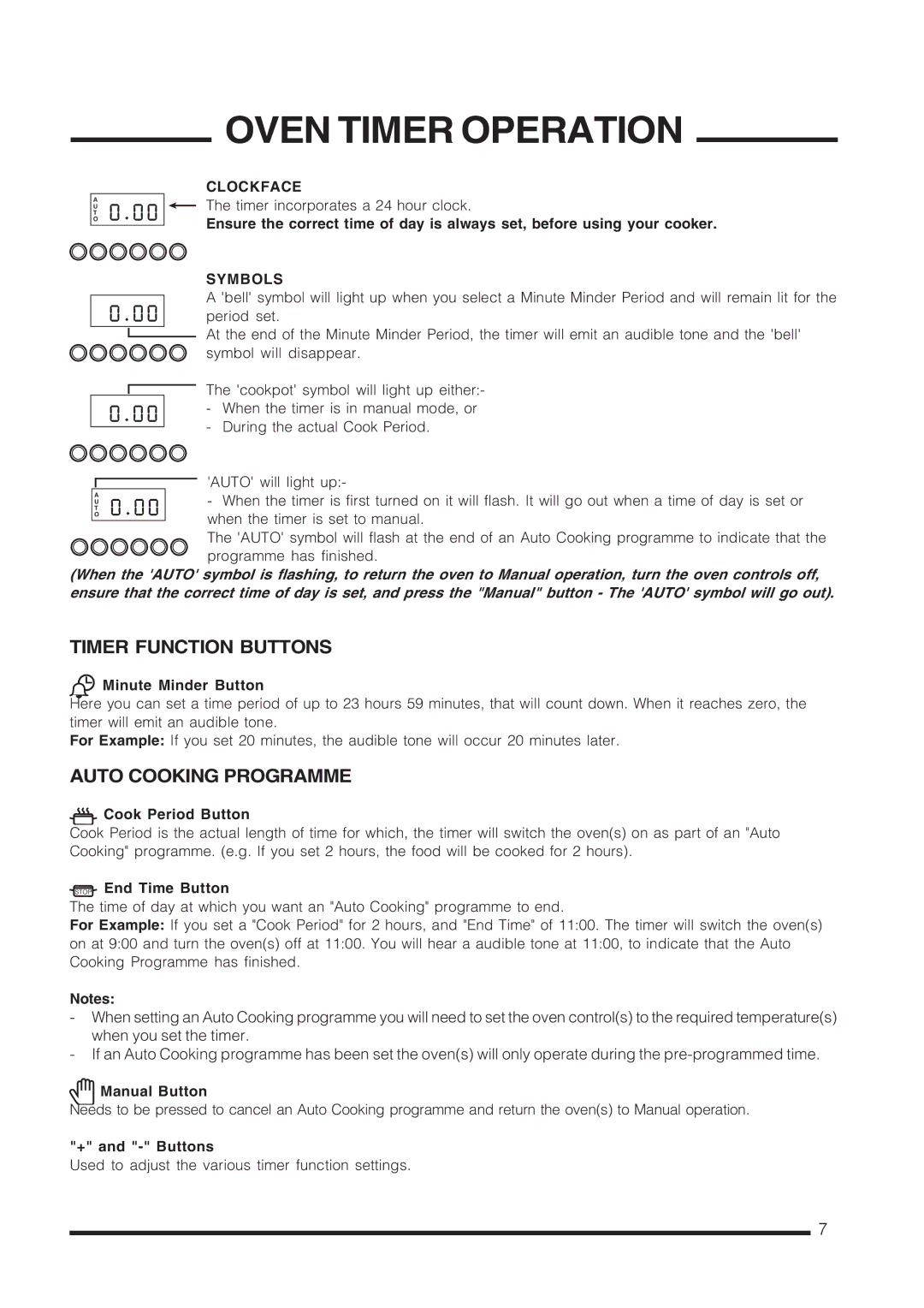 Cannon C60LCIW, C60LCIS, CARRICK, C60LCIK, C60GCIS, C60GCIK Timer Function Buttons, Auto Cooking Programme, Clockface, Symbols 