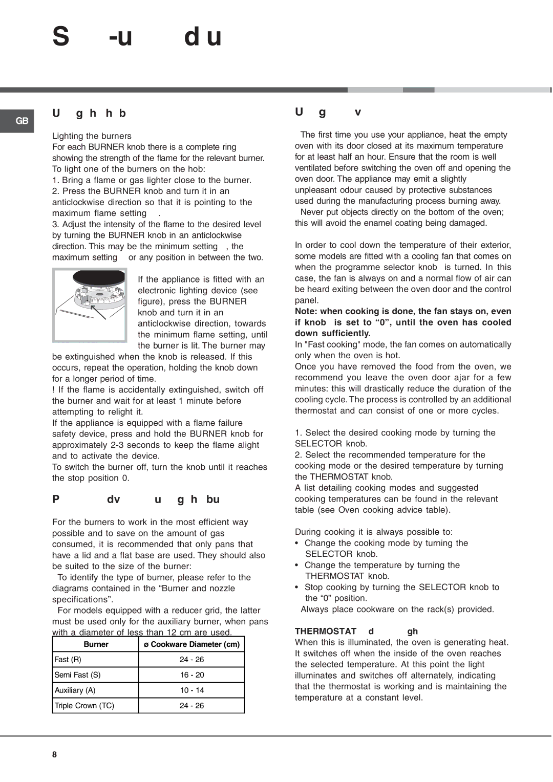 Cannon C90DPX manual Start-up and use, Using the hob, Practical advice on using the burners, Using the oven 