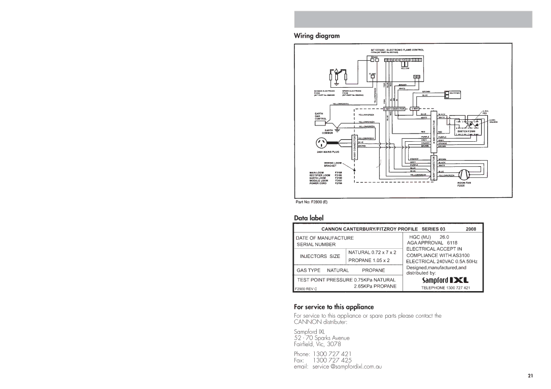 Cannon CANTFS-03-NG, CANTFS-03-LP installation instructions Wiring diagram Data label For service to this appliance 