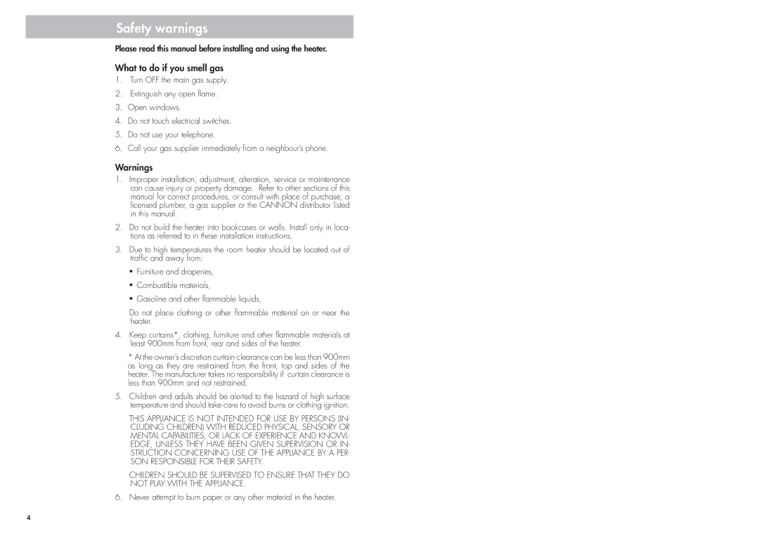 Cannon CANTFS-03-LP, CANTFS-03-NG installation instructions Safety warnings, What to do if you smell gas 