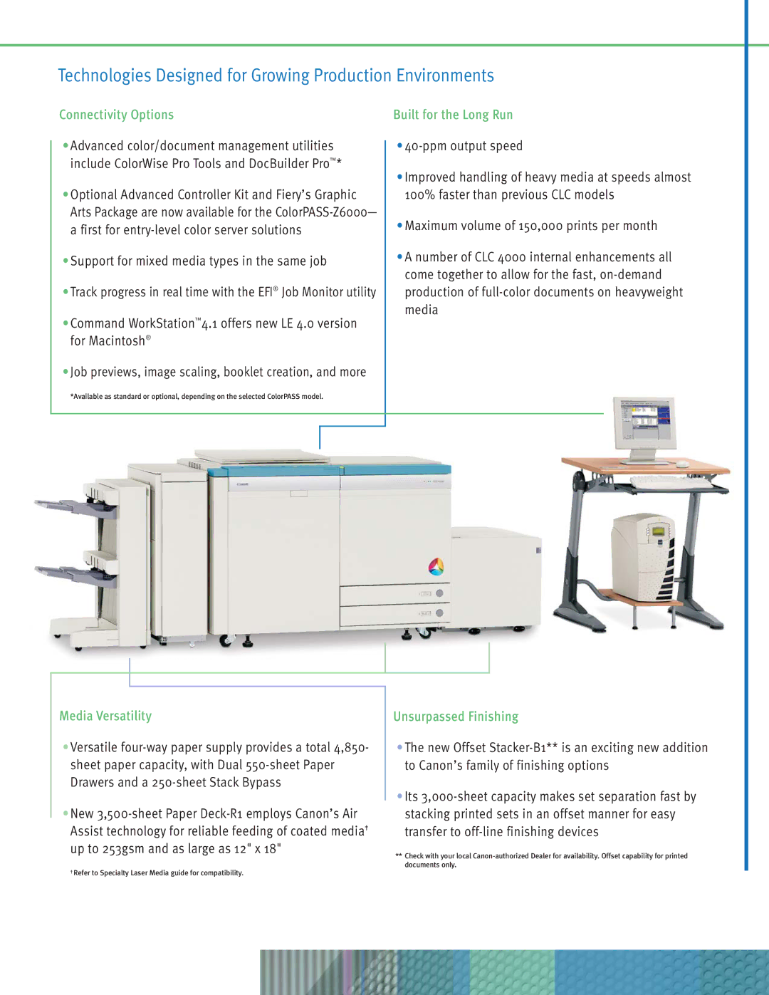 Cannon CLC 4000 manual Connectivity Options, Built for the Long Run, Media Versatility, Unsurpassed Finishing 