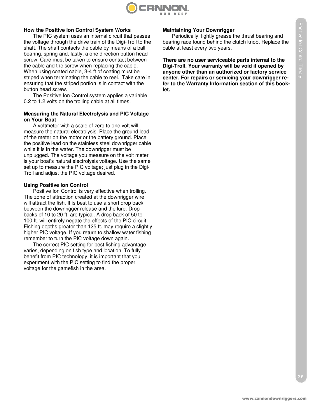 Cannon DIGI-TROLL 5 How the Positive Ion Control System Works, Using Positive Ion Control, Cable at least every two years 